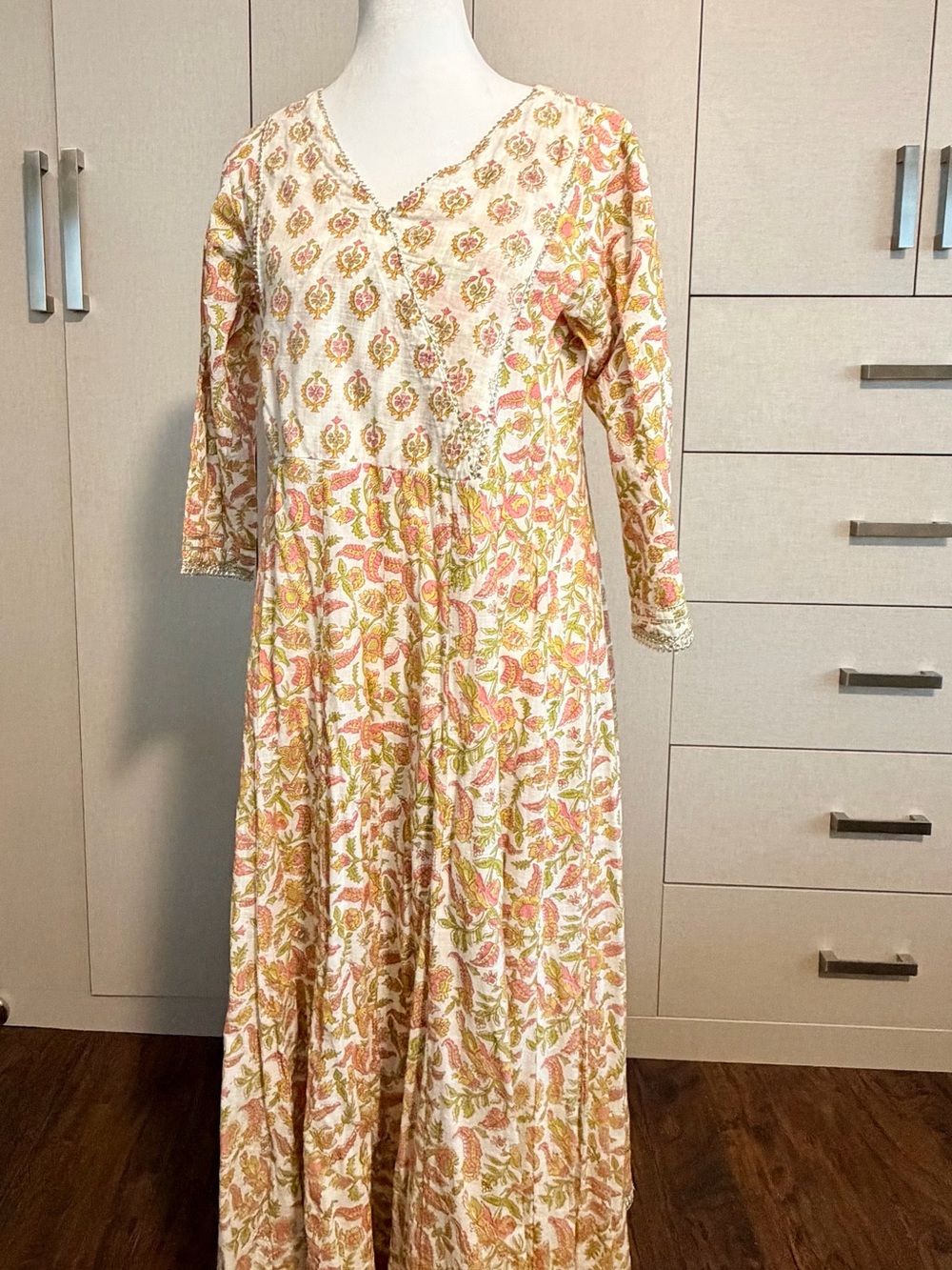 Boho Floral Maxi Dress in Cream and Pink